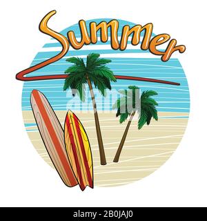 Eiscreme in einem Waffelkegel mit Palmen und Surfbrettern und der Aufschrift Sommereis Stock Vektor