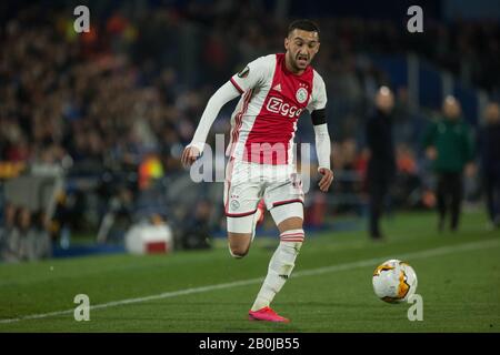 Madrid, Spanien. Februar 2020. HAKIM ZIYECH WÄHREND DES SPIELS GETAFE GEGEN AJAX AMSTERDAM, UEFA EUROPA LEAGUE BEI ALFONSO PEREZ COLISEUM. Donnerstag, 20. FEBRUAR 2020 Kredit: Cordon PRESS/Alamy Live News Stockfoto