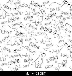 Dinosaurier. Nahtloses Muster mit der Aufschrift Dino. Vektorgrafiken im Doodle-Stil. Hand gezogen. Linear. Schwarz und Weiß Stock Vektor