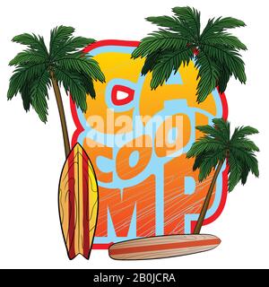 Camp-Wort in oranger Farbe, mit Palmen und Surfbrettern, geeignet für Kartensymbol- oder Logo-Design oder T-Shirt Stock Vektor