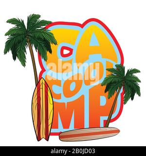 Camp-Wort in oranger Farbe, mit Palmen und Surfbrettern, geeignet für Kartensymbol- oder Logo-Design oder T-Shirt Stock Vektor