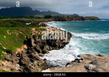 Küstenblick auf den Mahaulepu Heritage Trail, Kauai, Hawaii, USA Stockfoto