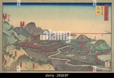 Utagawa (Gountei) Sadahide, Panoramalandschaft, Japan, Edo-Zeit (1615-1868), Utagawa (Gountei) Sadahide (Japanisch, 53-1878/79), 19. Jahrhundert, Japan, Polychrom-Holzblock-Druck; Tinte und Farbe auf Papier, Bild: 9 3/8 x 14 3/8 Zoll (23,8 x 36,5 cm), Ausdrucke Stockfoto