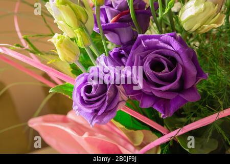 Schöne lila Rosen in einem Geburtstags-Blumenstrauß mit anderen Blumen Stockfoto