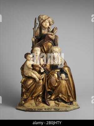 Die Jungfrau und das Kind, die heilige Anne und die heilige Emerentia, deutsch 1515-30, Hergestellt in möglicherweise Hildesheim, Niedersachsen, Deutschland, Deutsch, Limewood, Farbe und Vergoldung, Gesamt: 33 1/4 x 22 5/8 x 11 Zoll. (84,5 x 57,5 x 27,9 cm), Holzbildhauerholz Stockfoto