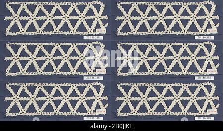 Einfügung, Italienisch, Venedig, 16. Jahrhundert, Italienisch, Venedig, Spitze Der Spule, L. 16,5 x 5,1 cm (6 1/2 x W. 2 Zoll), Textil-Schnürsenkel Stockfoto