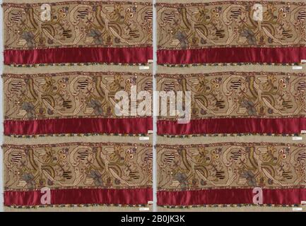 Streifen, Italienisch, 16.-17. Jahrhundert, Italienisch, Gesticktes Netz, Buratto, Seide, L. 18 1/2 x W. 8 Zoll, 47,0 x 20,3 cm, Textil-Schnürsenkel Stockfoto