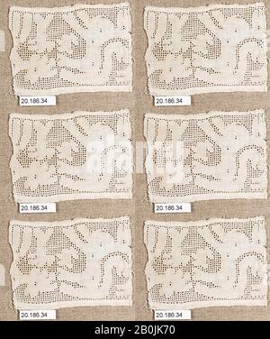 Fragment, Italienisch, 16. Jahrhundert, Italienisch, Drawnwork, L. 4 x W. 3 Zoll, 10,2 x 7,6 cm, Textiles-Laces Stockfoto