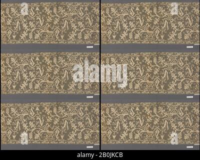 Streifen, Italienisch, 16. Jahrhundert, Italienisch, Gesticktes Netz, Buratto, Punto à rammendo, L. 20 x W. 8 Zoll, 50,8 x 20,3 cm, Textil-Schnürsenkel Stockfoto