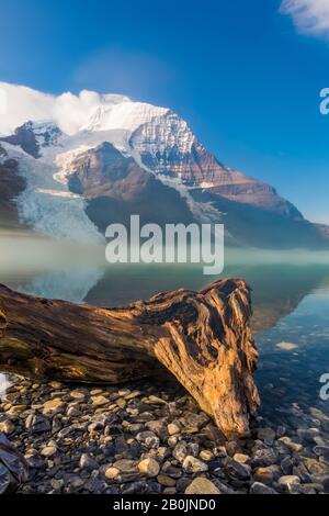 Foggy Morning from the Shore of Berg Lake, Front of Hargreaves Shelter, in Mount Robson Provincial Park, British Columbia, Kanada Stockfoto