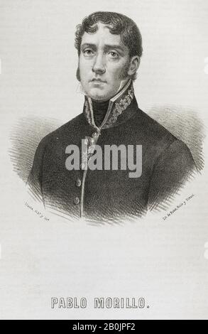 Pablo Morillo y Morillo (1775-1837), genannt El Pazificador (der Friedensstifter). Spanisches Militär und Marine. Graf von Cartagena und Marquess von La Puerta. Hochformat. Illustration von Santiago Llanta. Die Lithographie. Cronica General de España. Historia Ilustrada y Descriptiva de sus Provincias. Asturien und Leon, das Jahr 1867. Stockfoto