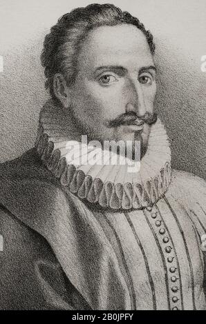 Miguel de Cervantes (1547-1616). Spanischer Schriftsteller. Autor von Don Quixote. Hochformat, Detail. Abbildung von José Cebrian. Die Lithographie. Cronica General de España. Historia Ilustrada y Descriptiva de sus Provincias. Asturien und Leon, das Jahr 1867. Stockfoto