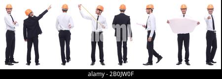 Panorama Foto Collage von qualifizierten Architekten isoliert auf weißem Stockfoto