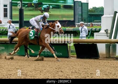 Jockey Miguel Mena auf THRISTFORLIFE überquert am 4. Mai 2019 in den Churchill Downs in Louisville, Kentucky, die Linie für Rennen 2. Stockfoto