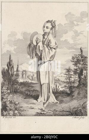 Jean Pierre Louis Laurent Hoüel, Chinoiserie mit einer Frau, die Becken hält, von Suite de Figures Chinoises. . .Tiré du Cabinet de Mr. D'Azaincourt (Serie von Persönlichkeiten der Chinoiserie. . .Von den Kammern von Herrn d'Azaincourt), Suite de Figures Chinoises. . .Tiré du Cabinet de Mr d'Azaincourt, Jean Pierre Louis Laurent Hoüel (Französisch, Rouen 1735-1813 Paris), Nach François Boucher (Französisch, Paris 1703-1770 Paris), 1755-76, Radierung und Gravur, Blatt: 8 3/8 × 5 11/16 in. (21,2 × 14,4 cm Stockfoto