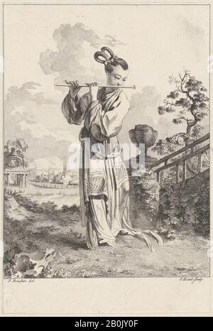 Jean Pierre Louis Laurent Hoüel, Chinoiserie mit einer Frau, die eine Flöte spielt, von Suite de Figures Chinoises. . .Tiré du Cabinet de Mr. D'Azaincourt (Serie von Persönlichkeiten der Chinoiserie. . .Von den Kammern von Herrn d'Azaincourt), Suite de Figures Chinoises. . .Tiré du Cabinet de Mr d'Azaincourt, Jean Pierre Louis Laurent Hoüel (Französisch, Rouen 1735-1813 Paris), Nach François Boucher (Französisch, Paris 1703-1770 Paris), 1755-76, Radierung und Gravur, Blatt: 8 3/8 × 5 11/16 in. (21,2 × 14,4 cm Stockfoto