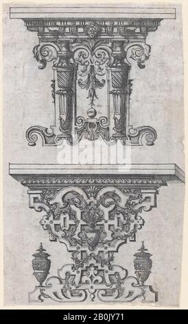 Jacques Androuet Du Cerceau, Zwei Tischentwürfe, Meubles, Jacques Androuet Du Cerceau (Französisch, Paris 1510/12-1585 Annecy), 1565-70, Radierung, Blatt: 7 7/16 × 4 1/2 Zoll. (18,9 × 11,5 cm), Ausdrucke Stockfoto