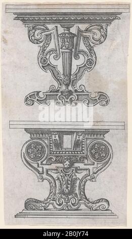 Jacques Androuet Du Cerceau, Zwei Tischentwürfe, Meubles, Jacques Androuet Du Cerceau (Französisch, Paris 1510/12-1585 Annecy), 1565-70, Radierung, Blatt: 7 5/16 × 4 1/8 Zoll. (18,5 × 10,4 cm), Ausdrucke Stockfoto