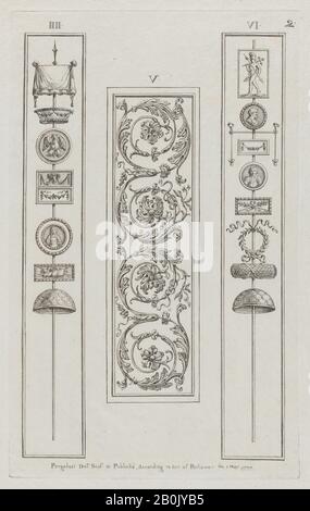 Michelangelo Pergolesi, Schmuckplatten, Nr. IIII-VI ('Designs für Verschiedene Verzierungen', pl. 2), 1. Mai, 1777, Radierung; in dunkelbrauner Tinte gedruckt, Platte: 15 1/2 × 9 5/8 Zoll. (39,3 × 24,4 cm), Blatt: 21 7/16 × 15 3/8 Zoll (54,5 × 39 cm Stockfoto