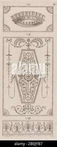 Michelangelo Pergolesi, Schmuckplatten, Nr. VII-VIIII ('Designs für Verschiedene Verzierungen', pl. 4), 1. Mai, 177, Radierung; in dunkelbrauner Tinte gedruckt, Platte: 17 5/8 × 7 1/4 Zoll. (44,7 × 18,4 cm), Blatt: 21 3/4 × 14 9/16 Zoll (55,2 × 37 cm Stockfoto