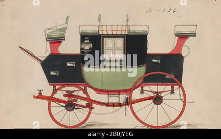 Brewster & Co., Design for Road Coach, nein 4126, Brewster & Co. (American, New York), 1891, Graphit, Stift und schwarze Tinte, Aquarell und Gouache mit Gummi arabisch, Blatt: 5 15/16 x 9 3/8 Zoll. (15,1 x 23,8 cm), Zeichnungen Stockfoto