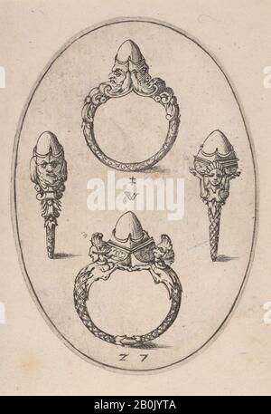 Pierre Woeiriot de Bouzey II, Designs für Vier Ringe, Platte 27 von 'Livre d'Aneaux d'Orfevrerie', 1561, Gravur, Platte: 2 11/16 × 1 7/8 Zoll. (6,9 × 4,8 cm) [ovale Platte], Blatt: 3 1/16 × 2 3/16 Zoll (7,8 × 5,5 cm) [schneiden Stockfoto