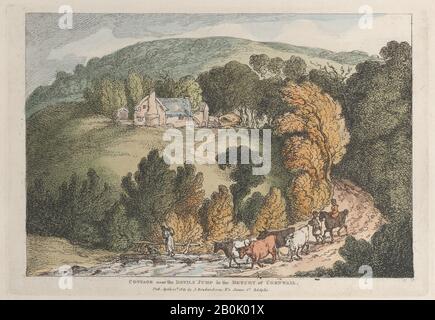 Thomas Rowlandson, Blick auf die Kirche und das Dorf St. Cue, Cornwall, aus "Ansichten in Cornwall", "Ansichten in Cornwall", Thomas Rowlandson (Britisch, London 1757-187 London), 12. April 1812, Handfarbige Radierung, Platte: 6 11/16 × 9 3/4 Zoll (17 × 24,7 cm), Blatt: 9 11/16 × 12 1/2 Zoll (24,6 × 31,7 cm), Ausdrucke Stockfoto