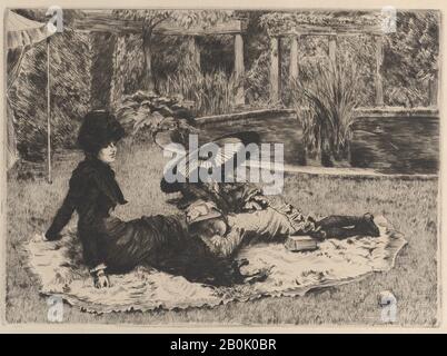 James Tissot, On the Grass, James Tissot (Französisch, Nantes, 186-1902 Chenecey-Buillon), 1880, Radierung und Trockenpunkt auf verlegtem Papier; zweiter Zustand von zwei, Blatt: 11 5/16 x 14 3/4 Zoll. (28,7 x 37,5 cm), Platte: 8 3/16 x 11 Zoll (20,8 x 28 cm), Ausdrucke Stockfoto