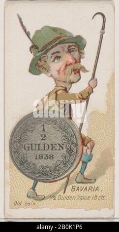 Herausgegeben von W. Herzog, Sons & Co., Bayern, 1/2 Gulden, aus der Serie Coins of All Nations (N72, Variation 1) für Herzog-Markenzigaretten, 1889, Commercial Color lithograph, Blatt: 2 3/4 x 1 1/2 Zoll. (7 x 3,8 cm Stockfoto