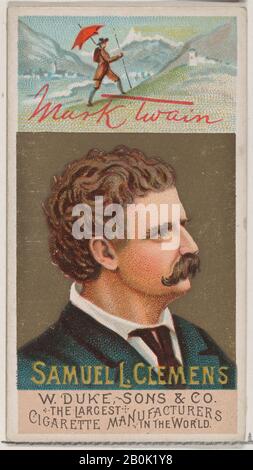 Herausgegeben von W. Duke, Sons & Co., Mark Twain - Samuel L. Clemens, aus der Serie Great Americans (N76) für Zigaretten der Marke "Duke", im Jahr 1888, Kommerzieller Farblithograph, Blatt: 2 3/4 × 1 1/2 Zoll (7 × 3,8 cm Stockfoto