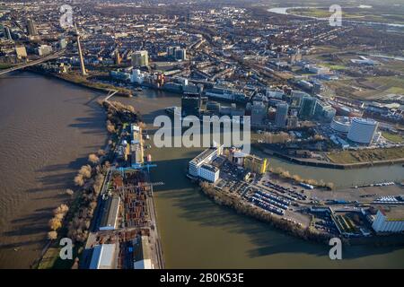 Luftbild, Medienhafen, trivago N.V. Hotelsuche, Düsseldorf, Rheinland, Nordrhein-Westfalen, Deutschland, Am Handelshafen, Bürogebäude, offi Stockfoto