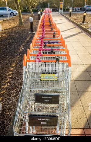 Eine Reihe leerer Einkaufswagen, die auf eine Kundenauswahl außerhalb des Sainsburys Supermarktes in Chippenham Wiltshire England UK warten Stockfoto