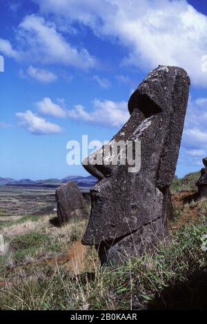 OSTERINSEL, RARAKU MOAIS AM HANG Stockfoto