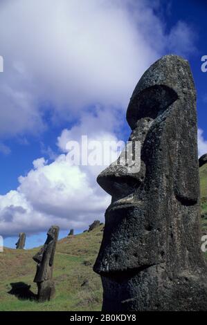 CHILE, OSTERINSEL, RARAKU-STEINBRUCH, MOAI-STATUEN AM HANG Stockfoto
