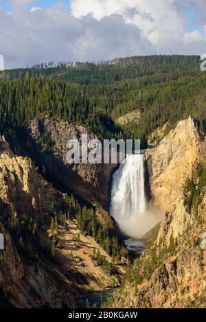 Wasserfall im Canyon mit grünem Wald dahinter, steile Canyon Wände. Stockfoto