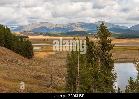 Blick auf einen kleinen See, mit hohen grünen Pinien und goldenem Tal unten und Bergen dahinter unter einem Himmel von weißen, flauschigen Wolken. Stockfoto