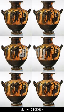 Dem Eucharidenmaler zugeschrieben, Terrakotta-Hydria: Kalpis (Wasserjar), Griechisch, Attisch, Archaik, Date ca. 510 v. Chr., Griechisch, Attisch, Terrakotta; Schwarzfigur, H. 13 3/4 Zoll (35 cm), Vasen Stockfoto