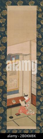 Ishikawa Toyonobu, Courtesan Reading a Letter, Japan, Edo Period (1615-1868), Ishikawa Toyonobu (Japanisch, 1711-1710), Mitte des 18. Jahrhunderts, Japan, Hängende Schriftrolle; Tinte und Farbe auf Papier, Bild: 32 7/8 × 8 9/16 in. (83,5 × 21,7 cm), Gesamt mit Montage: 67 1/2 × 12 11/16 Zoll (171,5 × 32,2 cm), Insgesamt mit Knöpfen: 67 1/2 × 14 5/16 Zoll (171,5 × 36,4 cm), Gemälde Stockfoto