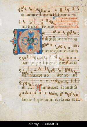 Bifolium mit Initial C, aus einem Antiphonarium, Italienisch, CA. 1320, Hergestellt in Bologna, Italien, Italienisch, Tempera und Tinte auf Pergament, 19 5/16 x 14 1/16 Zoll. (49 x 35,7 cm), Andere (Stave-Höhe): 1 Zoll (2,5 cm), Mat: 28 × 22 Zoll (71,1 × 55,9 cm), Handschriften und Illuminationen Stockfoto