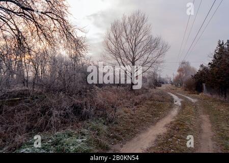 Winterstraße in der ungarischen Landschaft. Stockfoto