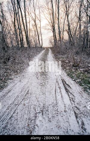 Winterstraße in der ungarischen Landschaft. Stockfoto