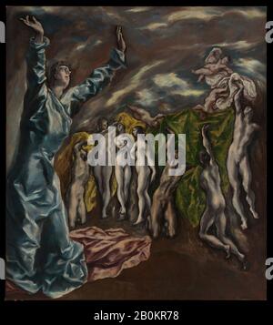 El Greco (Domenikos Theotokopoulos), Die Vision des Heiligen Johannes, El Greco (Domenikos Theotokopoulos) (Griechisch, Iráklion (Candia) 1540/41-1614 Toledo), Ca. 1608-14, Öl auf Leinwand, 87 1/2 x 76 Zoll (222,3 x 193 cm); mit hinzugefügten Streifen 88 1/2 x 78 1/2 Zoll (224,8 x 199,4 cm) [oben abgeschnitten], Gemälde Stockfoto