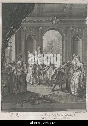 Bernard Picart, Platte 17: Don Quixote wird von den Damen der Herzogin (Don Quichotte est servi par les Demoiselles de la Duchesse), Don Quixote, Bernard Picart (Französisch, Paris 1673-1733 Amsterdam), Nach Charles Antoine Coypel (Französisch, Paris 1694-1752 Paris), 1745, Radierung und Gravur, Blatt (Getrimmt) serviert: 8 9/16 × 6 5/16 Zoll (21,8 × 16,1 cm), Ausdrucke Stockfoto
