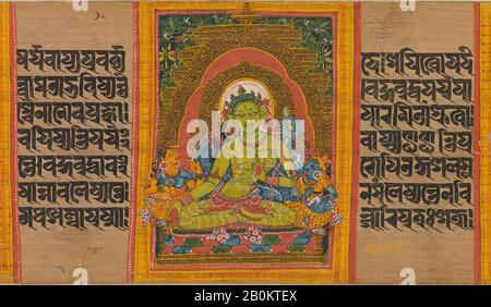 Green Tara, Folio aus einer verstreuten Ashtasahasrika Prajnaparamita (Perfektion der Weisheit) Handschrift, Indien (Bengalen) oder Bangladesch, Pala-Periode, Datum Anfang 12. Jahrhundert, Indien (Bengalen) oder Bangladesch, Opakes Aquarell auf Palmblatt, 2 3/4 x 16 1/2 Zoll. (7 x 41,9 cm), Gemälde Stockfoto