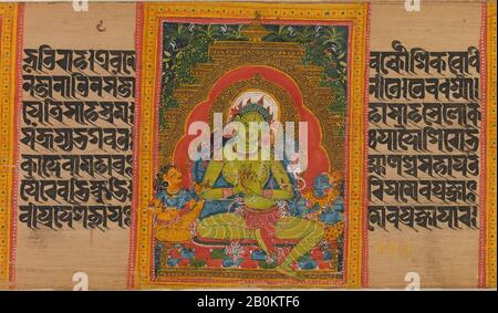 Green Tara, Folio aus einer verstreuten Ashtasahasrika Prajnaparamita (Perfektion der Weisheit) Handschrift, Indien (Bengalen) oder Bangladesch, Pala-Periode, Datum Anfang 12. Jahrhundert, Indien (Bengalen) oder Bangladesch, Opakes Aquarell auf Palmblatt, 2 3/4 x 16 1/2 Zoll. (7 x 41,9 cm), Gemälde Stockfoto