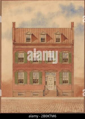 Architekturzeichnung eines Frühen Nineteenth-Century Brick House, New York, American, American, Watercolor, Goauche, Gummi arabicum und Graphit auf nicht-weißem Wove-Papier, 15 5/8 x 11 9/16 Zoll. (39,7 x 29,4 cm), Zeichnungen Stockfoto