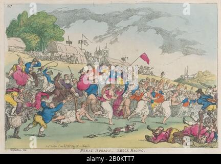 Thomas Rowlandson, Rural Sports, Smock Racing, Thomas Rowlandson (Britisch, London 1757-187 London), [1. Oktober 11], Nachdruck, Handkolorierte Radierung, Blatt: 9 3/4 × 13 13 13 13 13 13 13 13 13 / 16 Zoll. (24,7 × 35,1 cm), Ausdrucke Stockfoto