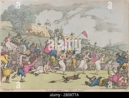 Thomas Rowlandson, Rural Sports, Smock Racing, Thomas Rowlandson (Britisch, London 1757-187 London), [1. Oktober 11], Nachdruck, Handfarbige Radierung, Blatt: 9 5/8 × 13 9/16 Zoll. (24,5 × 34,4 cm), Ausdrucke Stockfoto