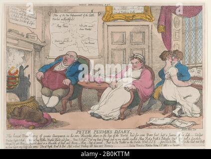 Thomas Rowlandson, Peter Plumb's Diary, Thomas Rowlandson (Britisch, London 1757-1827 London), 20. Mai 1810, Handfarbige Radierung, Blatt: 9 1/4 × 12 15/16 Zoll. (23,5 × 32,9 cm), Ausdrucke Stockfoto