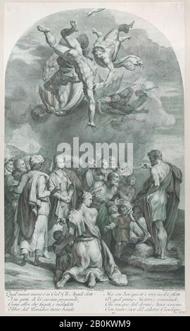 Bartolomeo Crivellari, Platte 41: Der heilige Johannes der Täufer predigt einer großen Menschenmenge und tauft Kinder, "Le Pitture di Pellegrino Tibaldi di di Niccolò Abbate esistentiti nell'Instituto di Bologna", Bartolomeo Crivellari (ital., aktives 18. Jahrhundert), Intermediärer Zeichner Gabriel SÖdling (schwed., aktiv ab 6.), Nach Pellegrino Tibaldi (Italienisch, Puria di Valsolda 1527-1596 Mailand), Giampietro Zanotti, 176, Radierung und Gravur, Blatt (Getrimmt): 19 1/2 × 11 5/16 Zoll. (49,6 × 28,8 cm), Ausdrucke Stockfoto